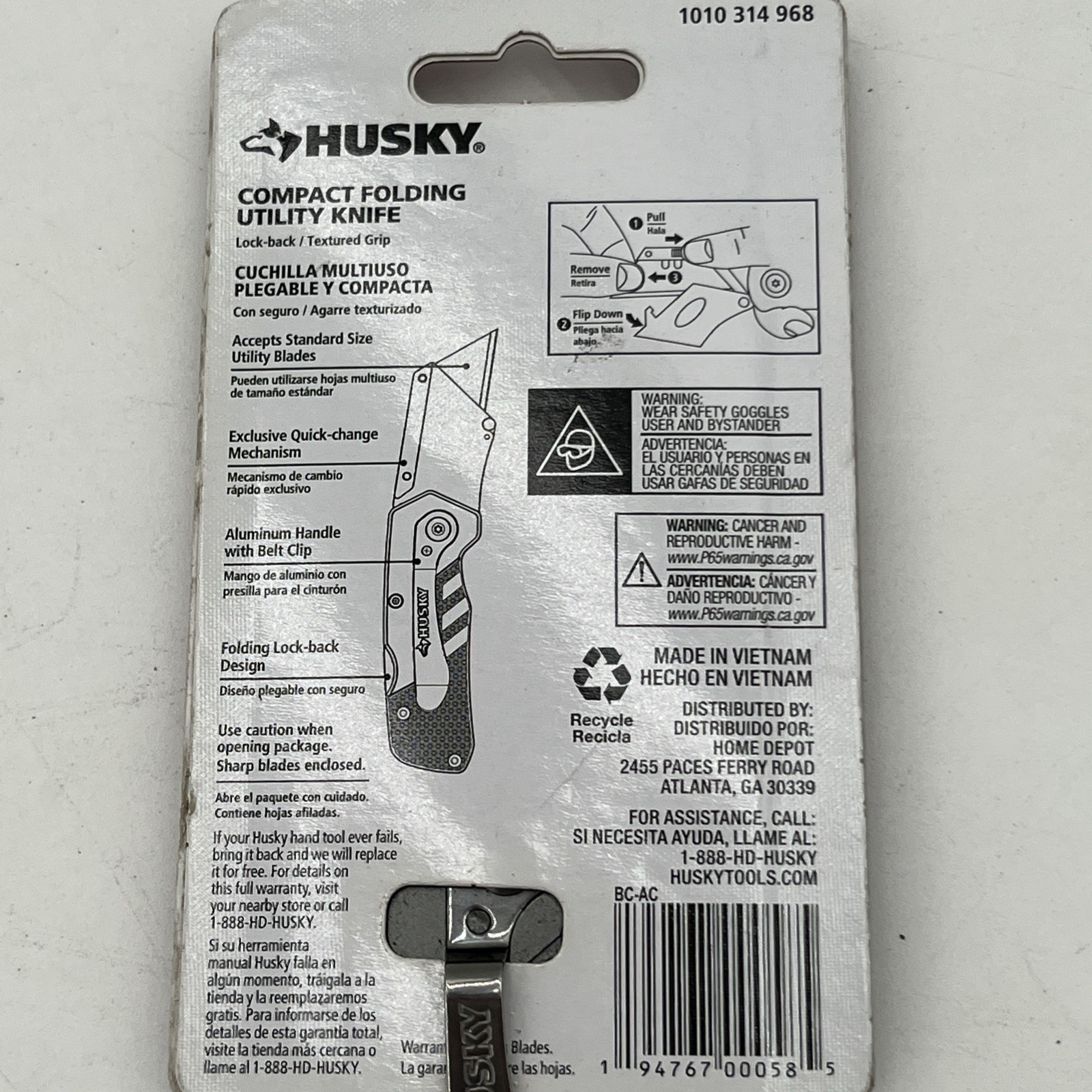 NEW!! Husky Compact Folding Lock-Back Utility Knife Aluminum Handle Pocket Clip