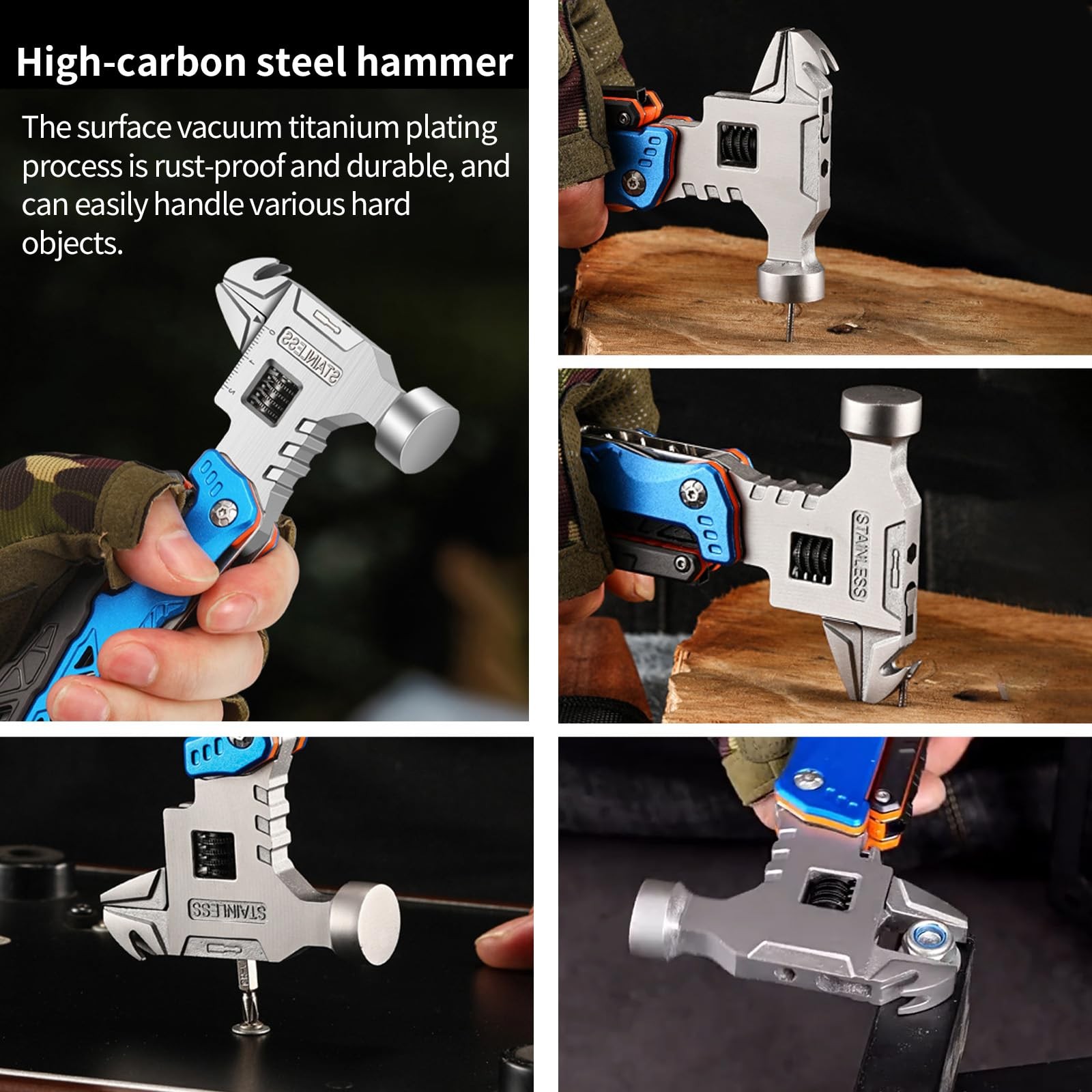 18-in-1 Multitool Hammer with Adjustable Wrench, Stainless Steel Multi Tool P…