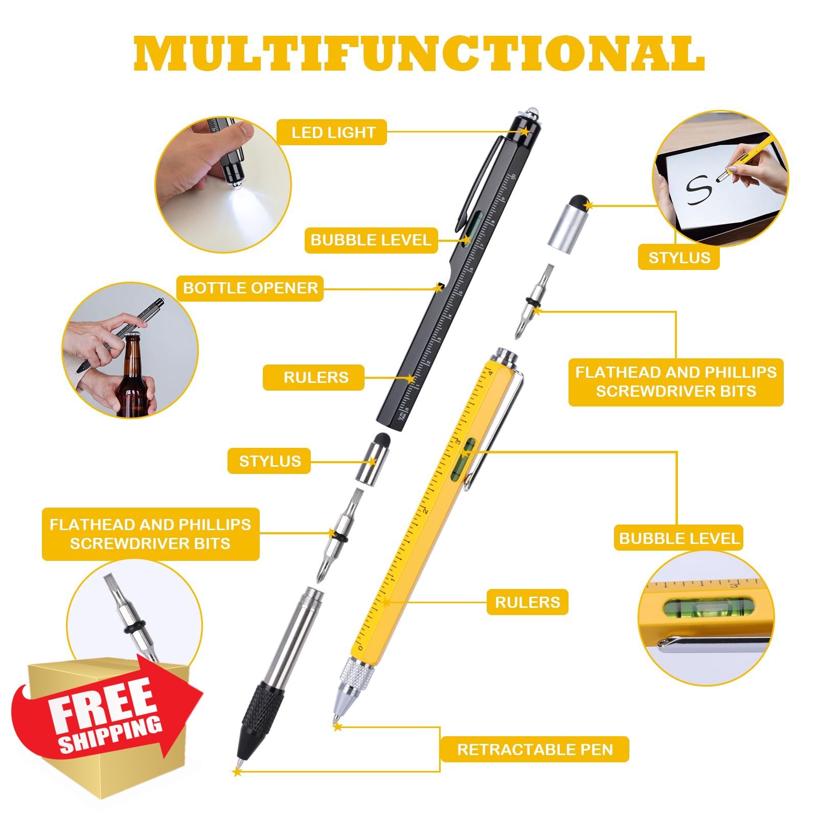 PPRAFDD Black Yellow 9-in-1 Multitool Pen Set