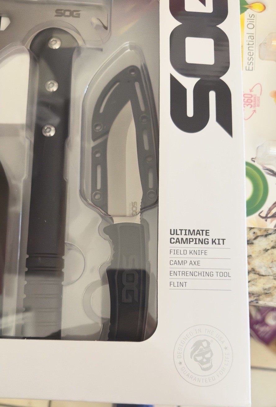SOG Ultimate Camping Kit, Field Knife, Camp Axe, Entrenching Tool, Flint New