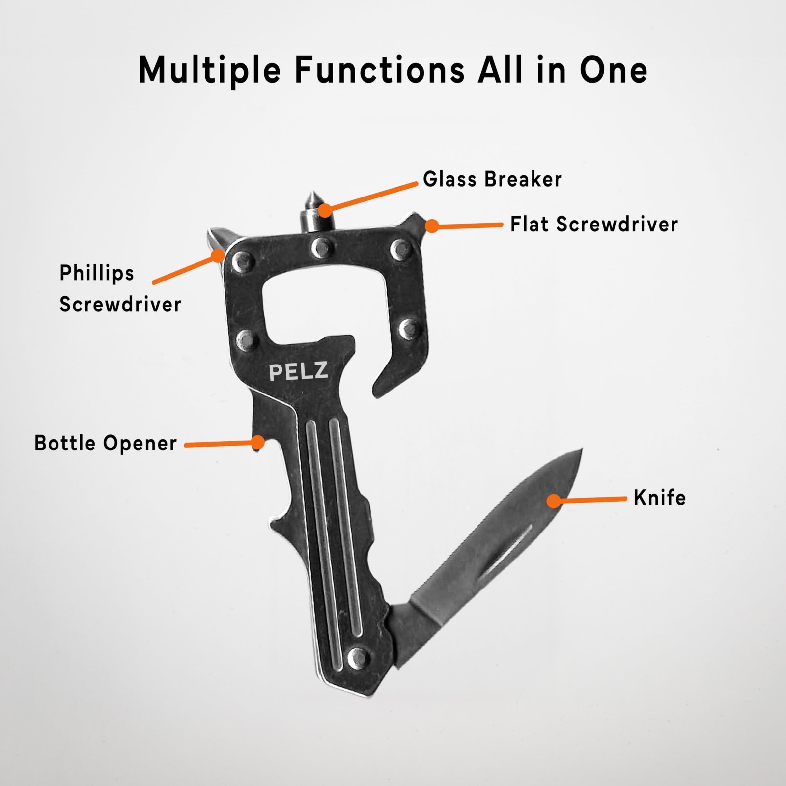 Pelz Tool SilverCompact Multi-Tool Carabiner: Screwdrivers, Bottle Opener, Phone