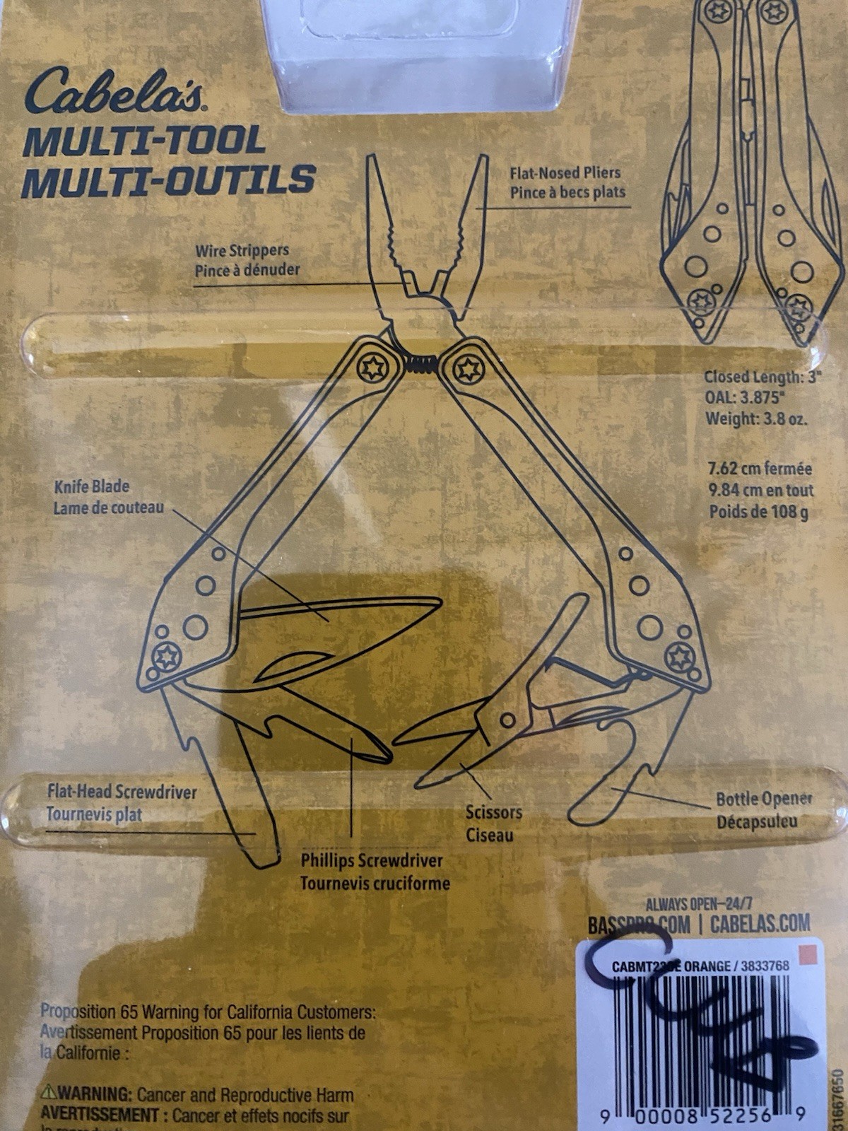 Cabela’s Multi-Tool 7 in 1 Stainless Steel Orange Knife Blade, Pliers Fishing +