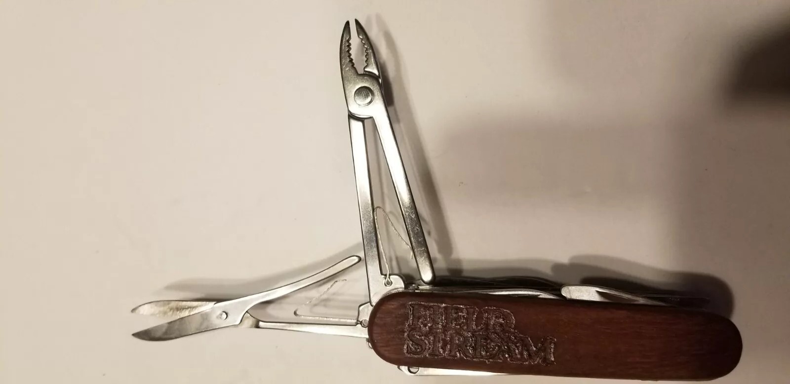 Multi-Tool Knife Wooden Handle Folding Blade Pliers Saw Scissors Field & Stream