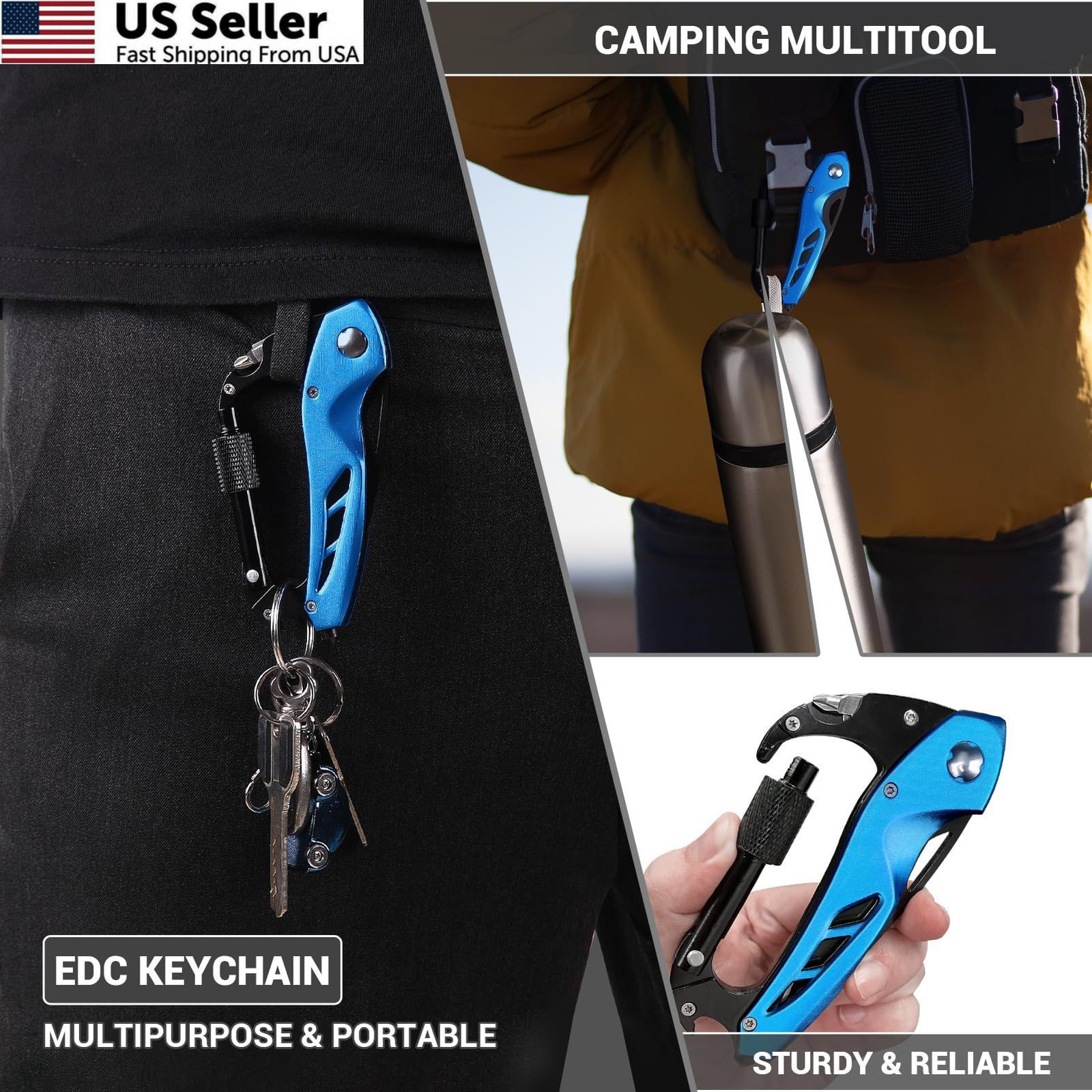 FUNBRO EDC Multitool Carabiner with Knife, Bottle Opener, Window Breaker Blue