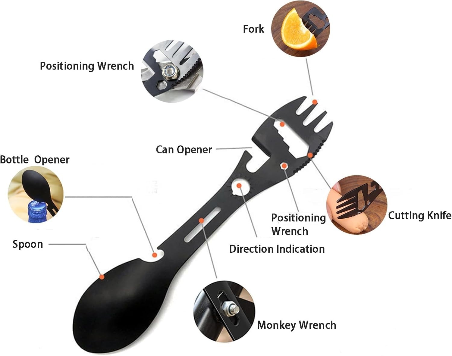 Multifunctional Spork Spoon Wrench Portable for Camping Traveling Black