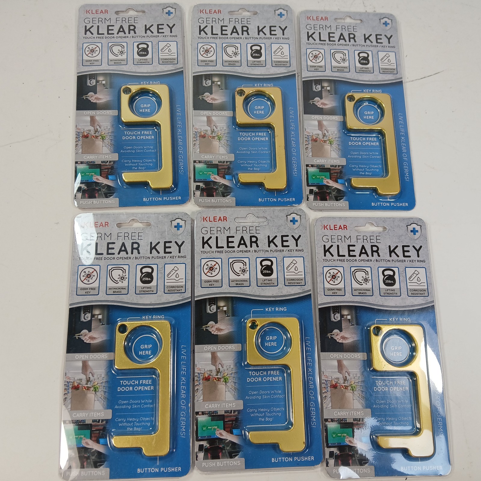 Lot of 6 Germ Virus Free NO TOUCH Hands-Free Door Opener Key Chains Metal Brass