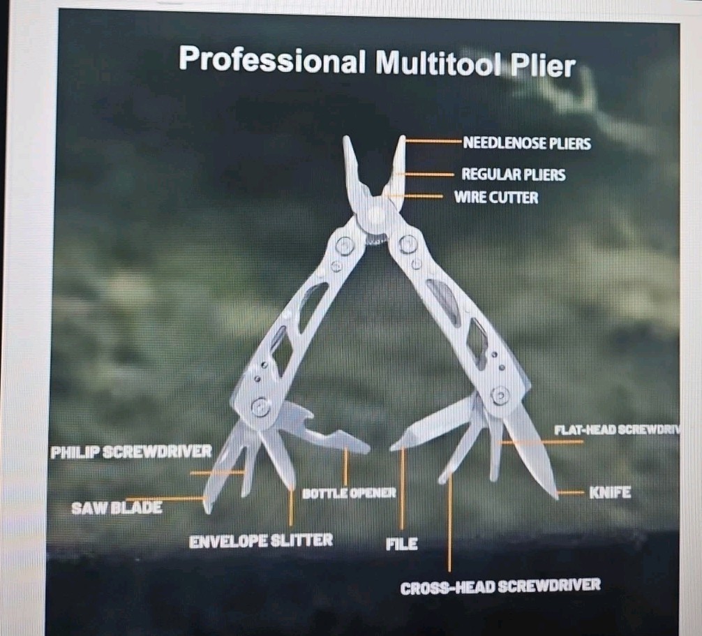 New! Stainless Steel Multi tool, Pliers, Wire Cutters, Screwdrivers, etc….