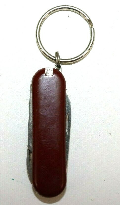 red pocket knife 3 multi-tool scissors, nail file, blade w keychain loop E2431