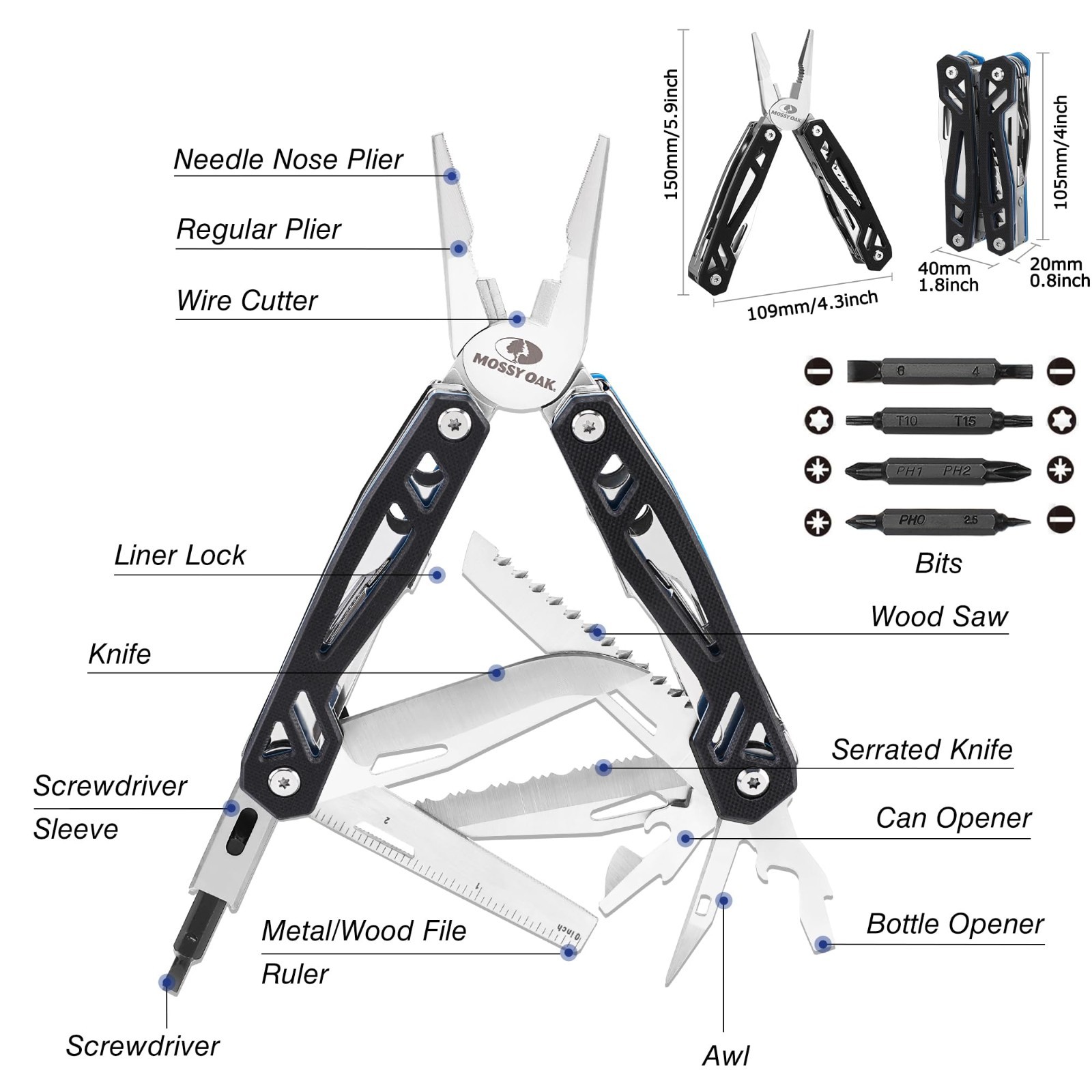 21-in-1 Stainless Steel Multitool Pocket Knife, G10 Handle, Pliers & Sheath – Ou
