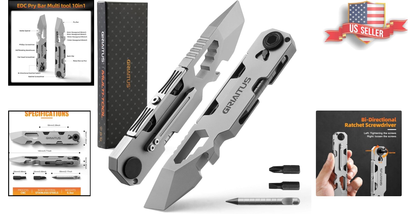 Luxury EDC Pry Bar Multitool – Compact Ratchet Screwdriver & Magnetic Pen, Grey
