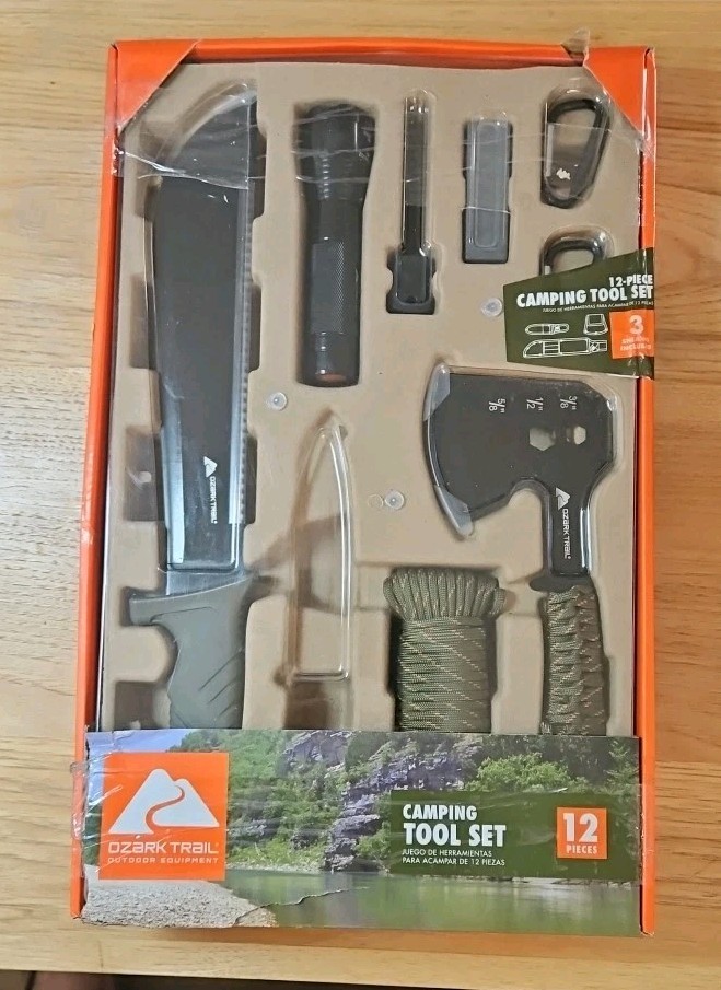 New OZARK TRAIL 12-PIECE CAMPING TOOL SET-Axe Sheaths Survival,MISSING KNIFE