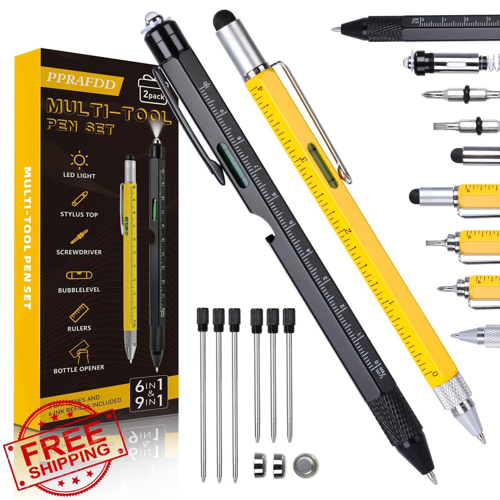 PPRAFDD Black Yellow 9-in-1 Multitool Pen Set