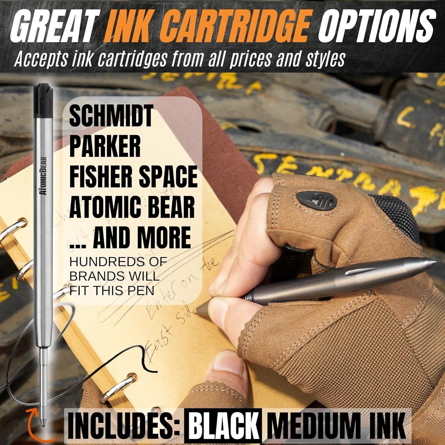 The Atomic Bear Tactical EDC Pen with Glass Breaker – 2 Black Ink Cartridges