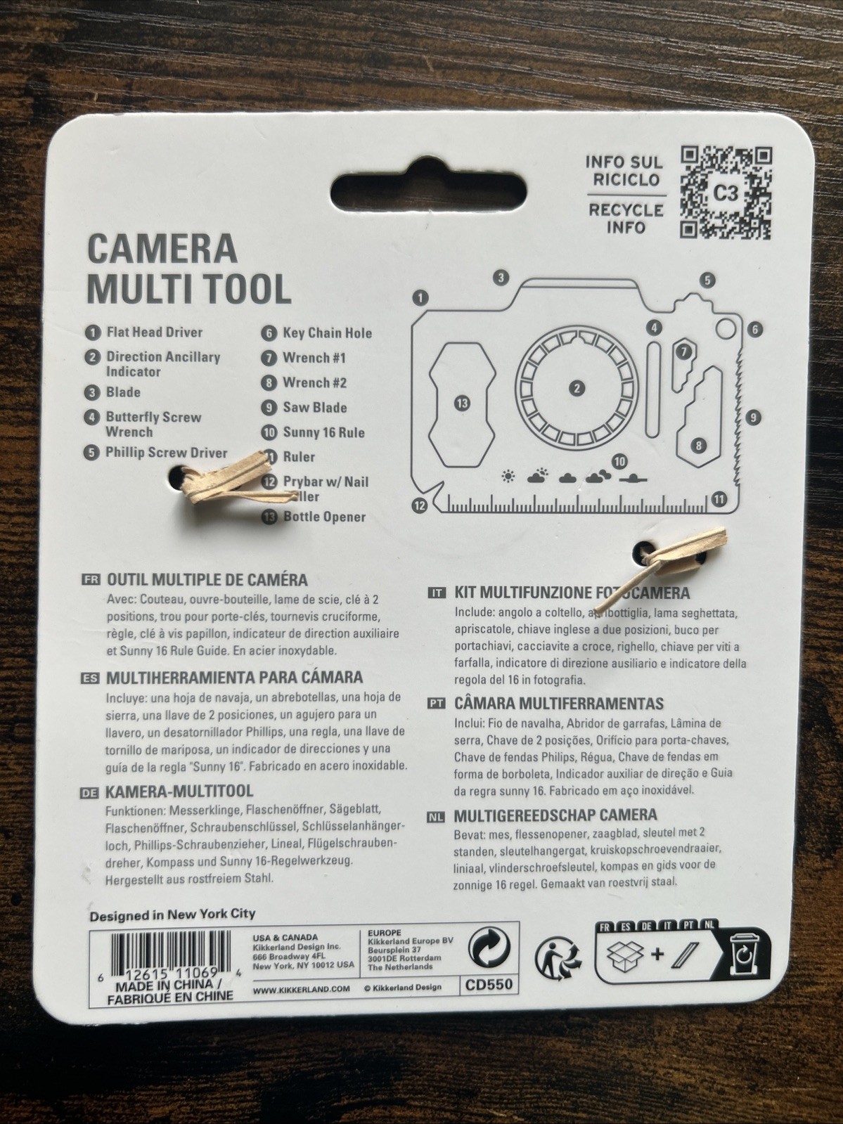 Kikkerland Multi-Tool Camera-Shaped 13 Function Wallet Size Stainless CD550