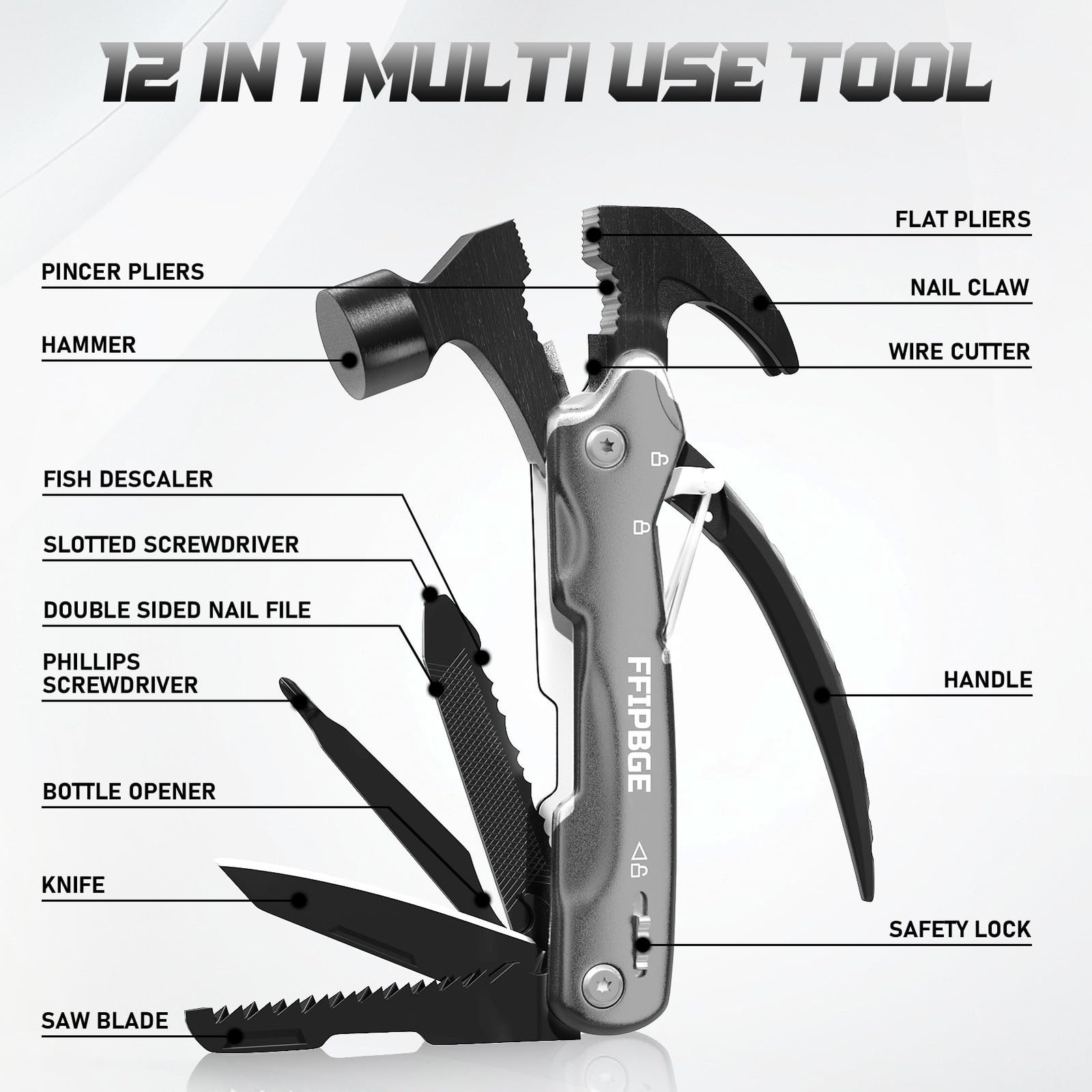 12 in 1 Hammer Multitool, Caming Mulititool with Screwdriver, Safety Lock and…