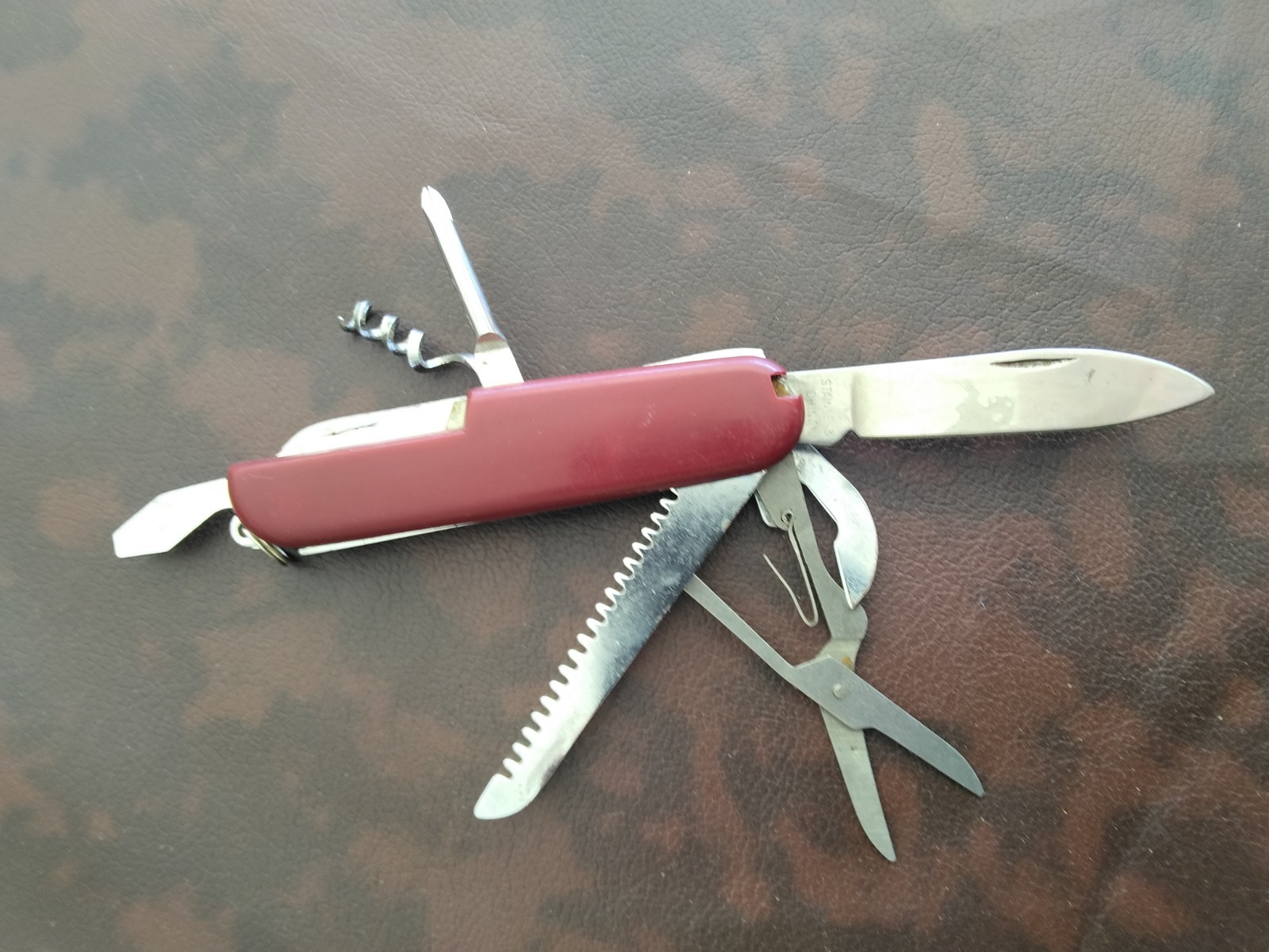 Red Multi-Tool Pocket Knife Stainless Steel with Saw, Scissors, Corkscrew