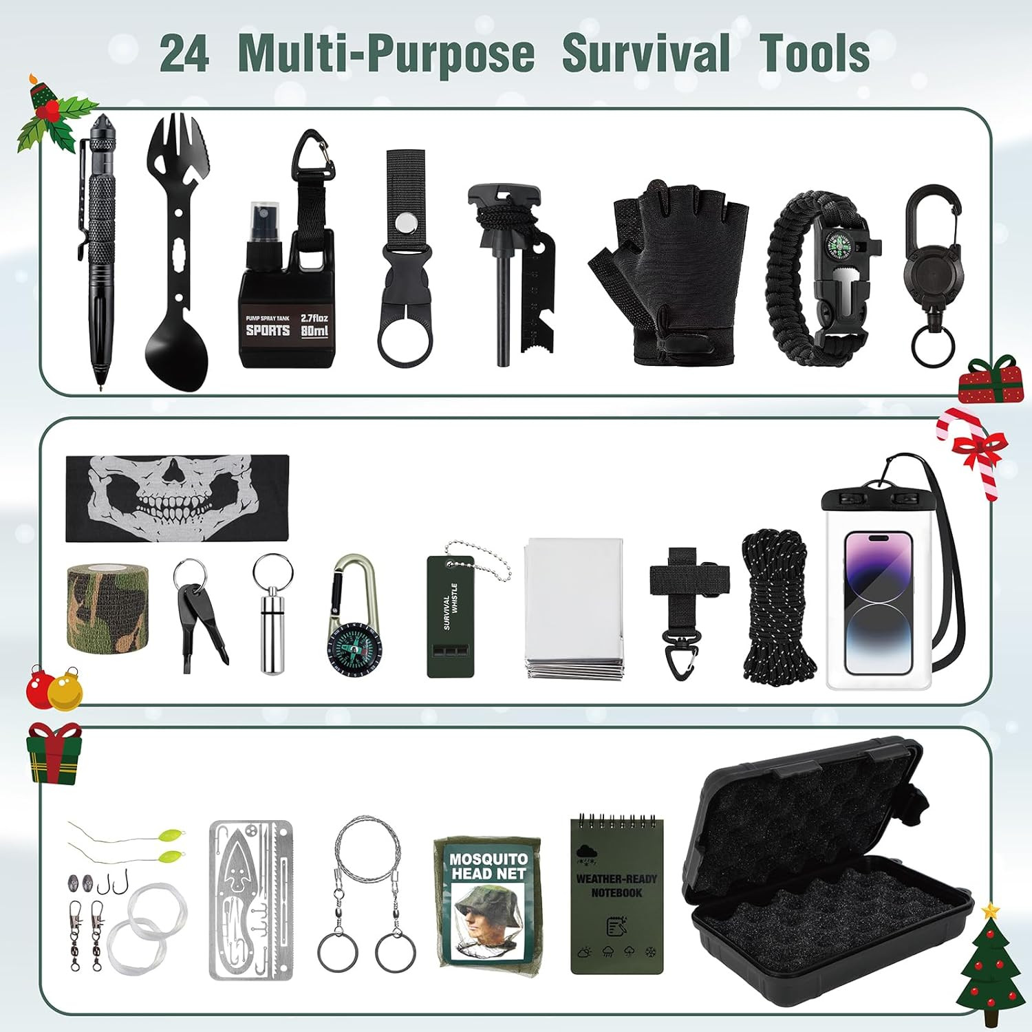 24-in-1 Professional Survival Kit, Emergency Multi-Tool Set for Camping, Hiking,