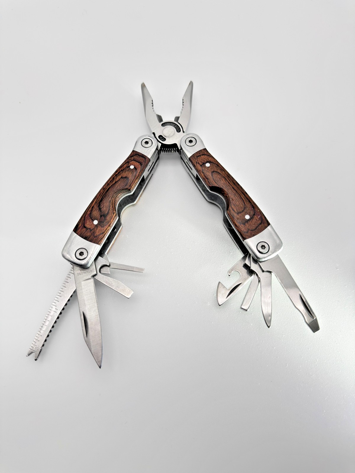 Stainless Steel Multi Tool Pliers Knife Saw Screwdrivers Wood Handle EDC