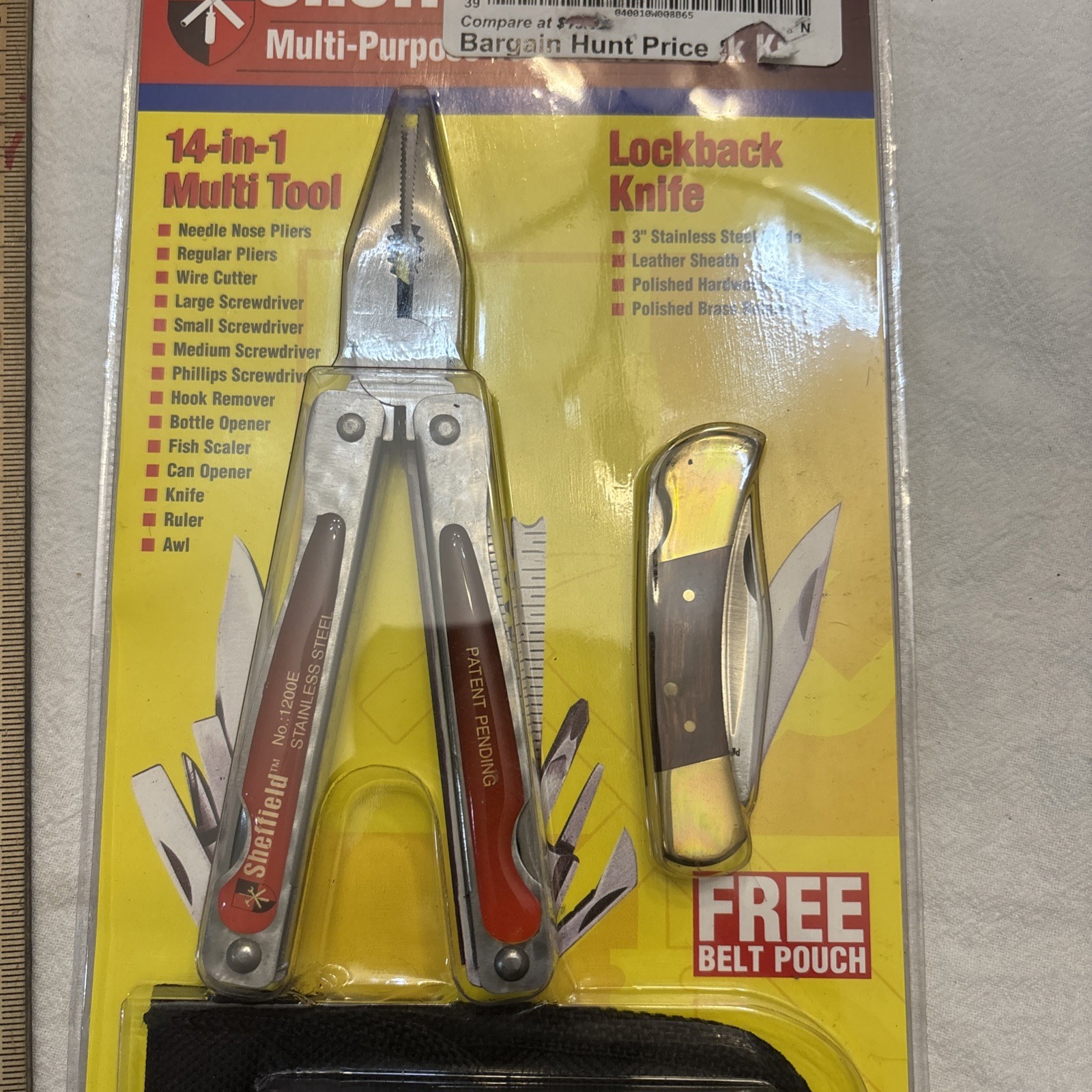 SHEFFIELD KNIFE & 14 IN 1 MULTI TOOL w BELT POUCH SET VTG 1990’s SEALED