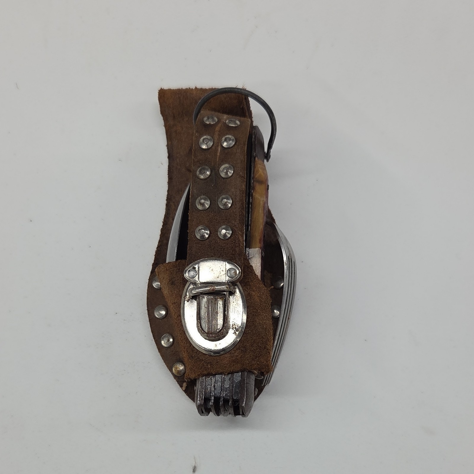 Vintage Camping Multi-Tool Knife Fork Spoon Scissors Corkscrew Leather Sheath