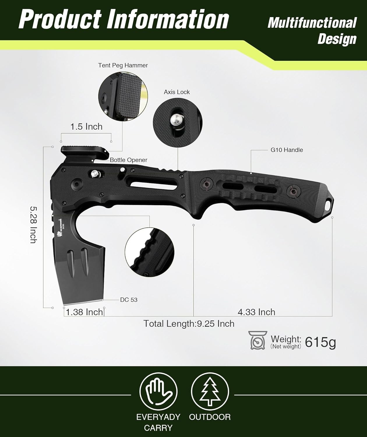 Folding Tactical Axe Survival Multitool DC53 Steel Blade W/ Black Titanium