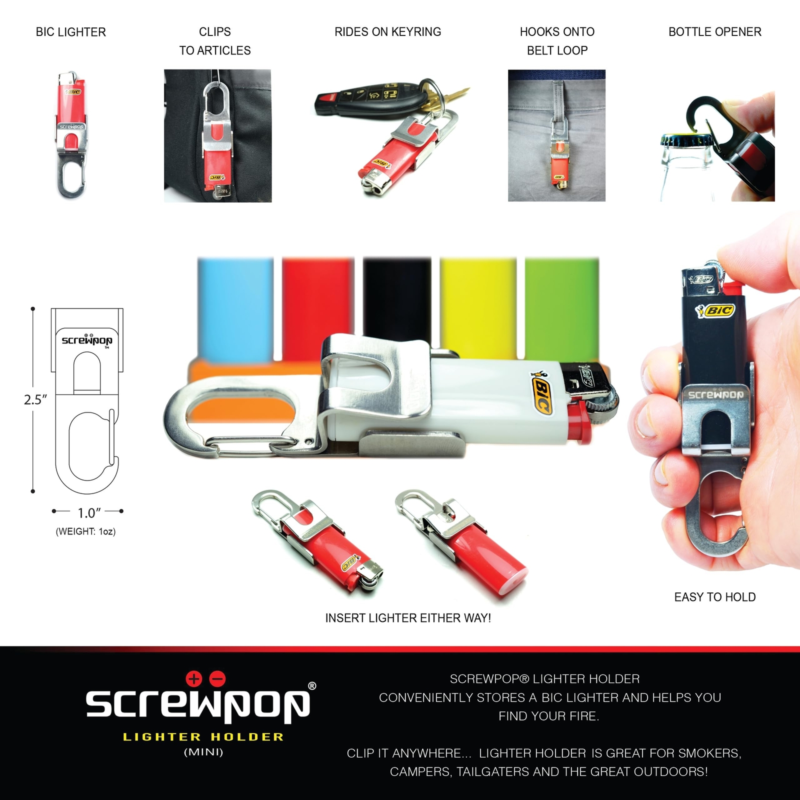 Bic Standard Full-Size Lighter Holder Keychain Multi Tool with Carabiner Clip…