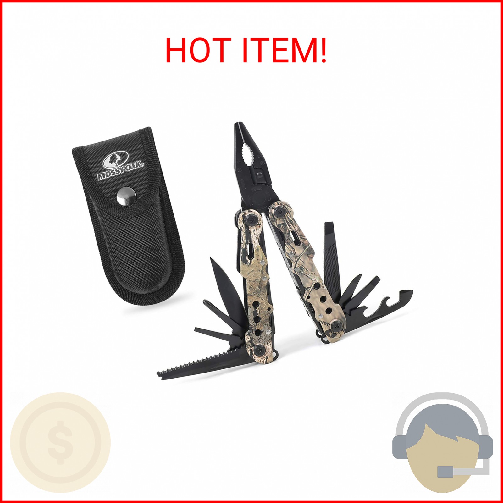MOSSY OAK 13 in 1 Multi-tool – Multi Function Pliers – Folding Pocket Tool with
