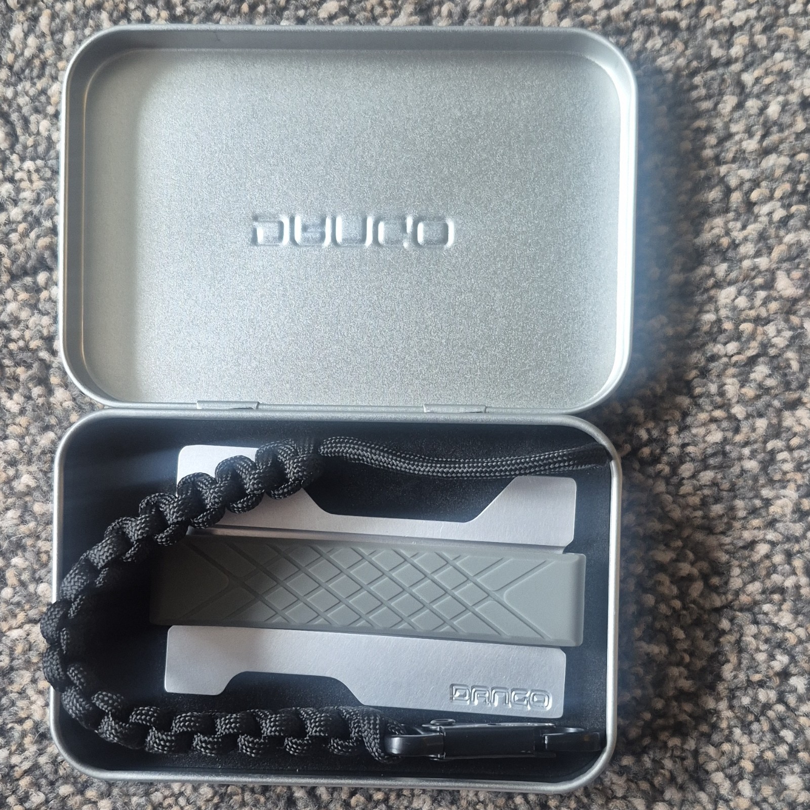 Dango Pocket Knife Multi-Tool Straight Edge 1.5in Gray/Black w/ Lanyard Tin