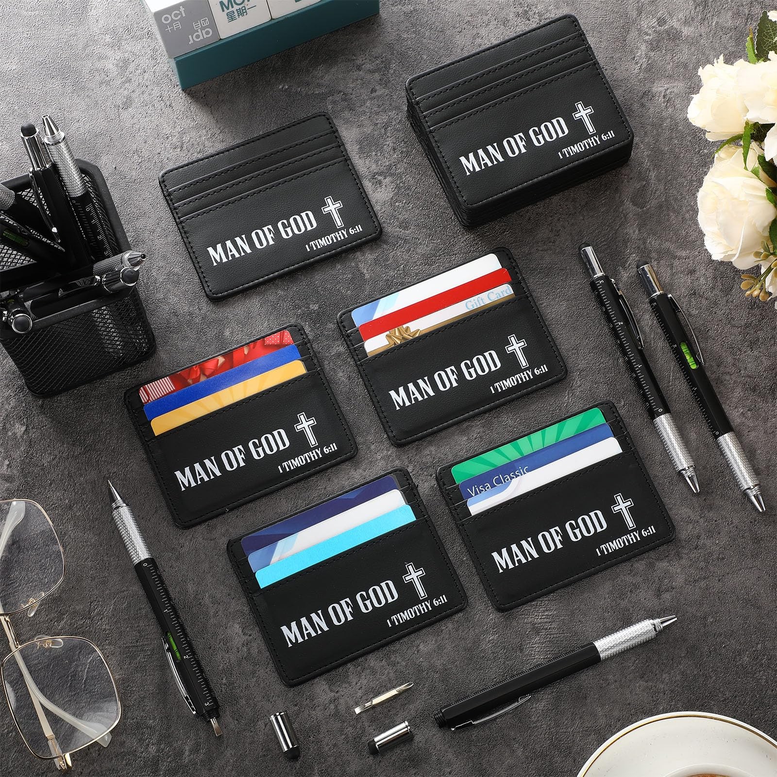 24 Pcs Fathers Day Bulk Gifts 6 in 1 Multi Tool Pen with Card Holder Screwdri…