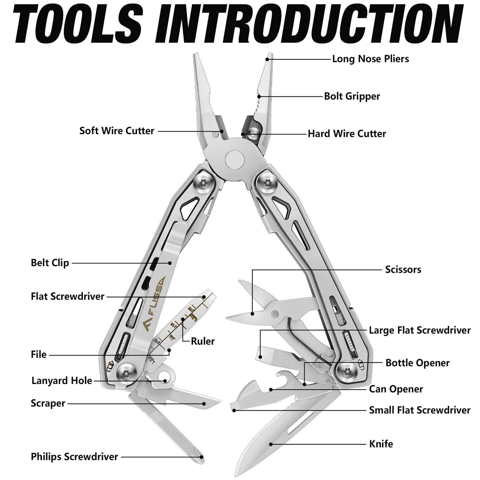 FLISSA 16-in-1 Stainless Steel Multi Tool, Gifts for Men Dad, EDC Silver