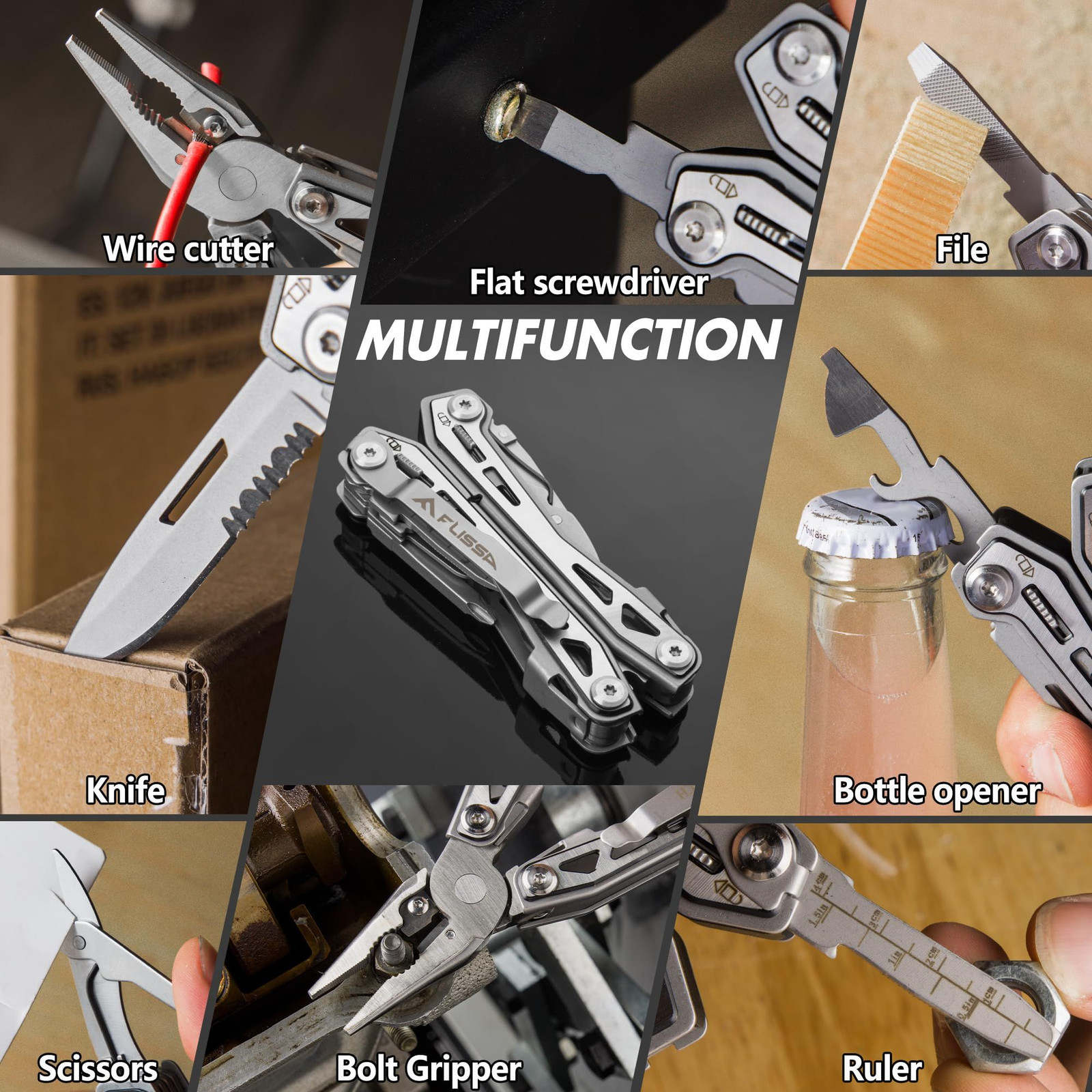 FLISSA 16-in-1 Stainless Steel Multi Tool, Gifts for Men Dad, EDC Silver