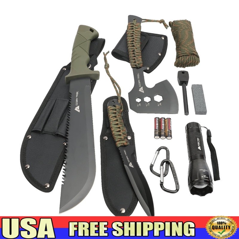 12 Piece Camping Tool Set W/ Flashlight Machete Knife Survival Gear Kit New
