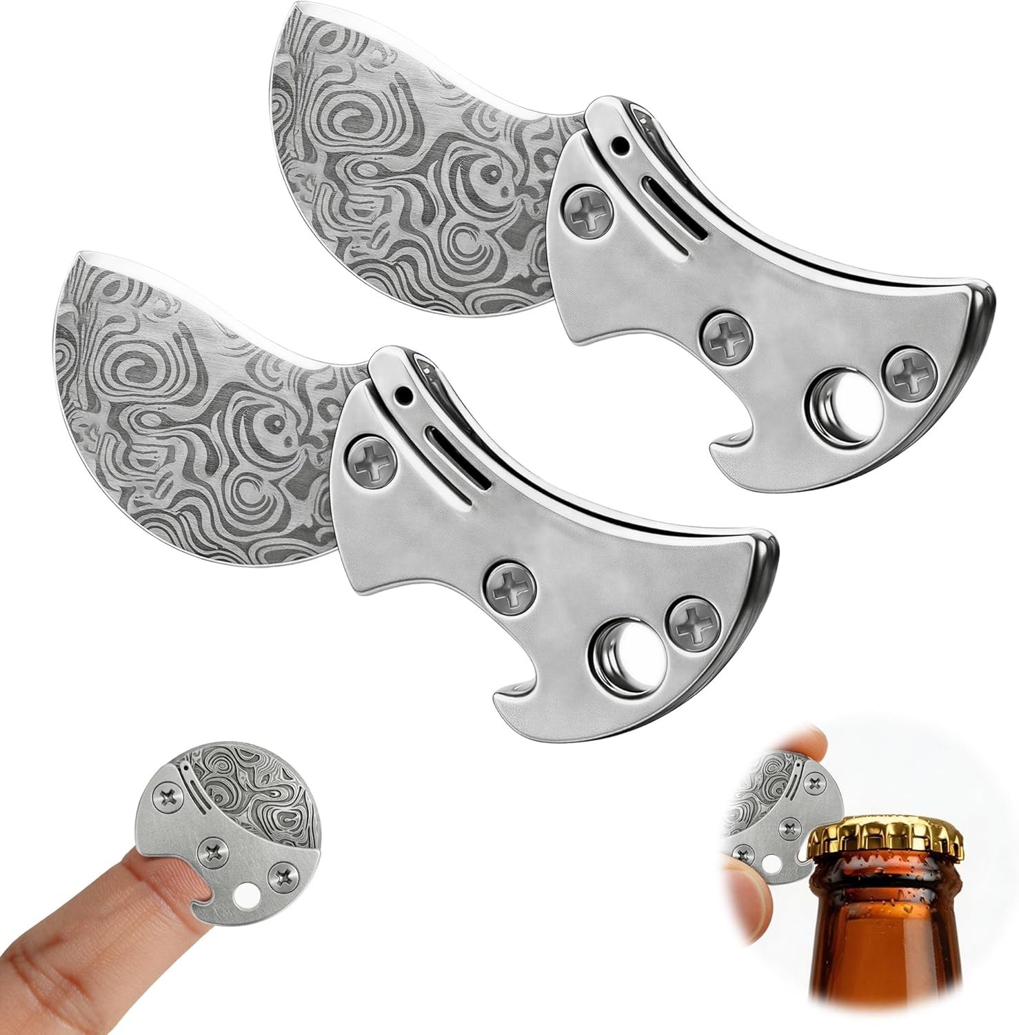 Mini Coin Keychain Tool Titanium Compact Bottle Opener & EDC Cutter Damascus