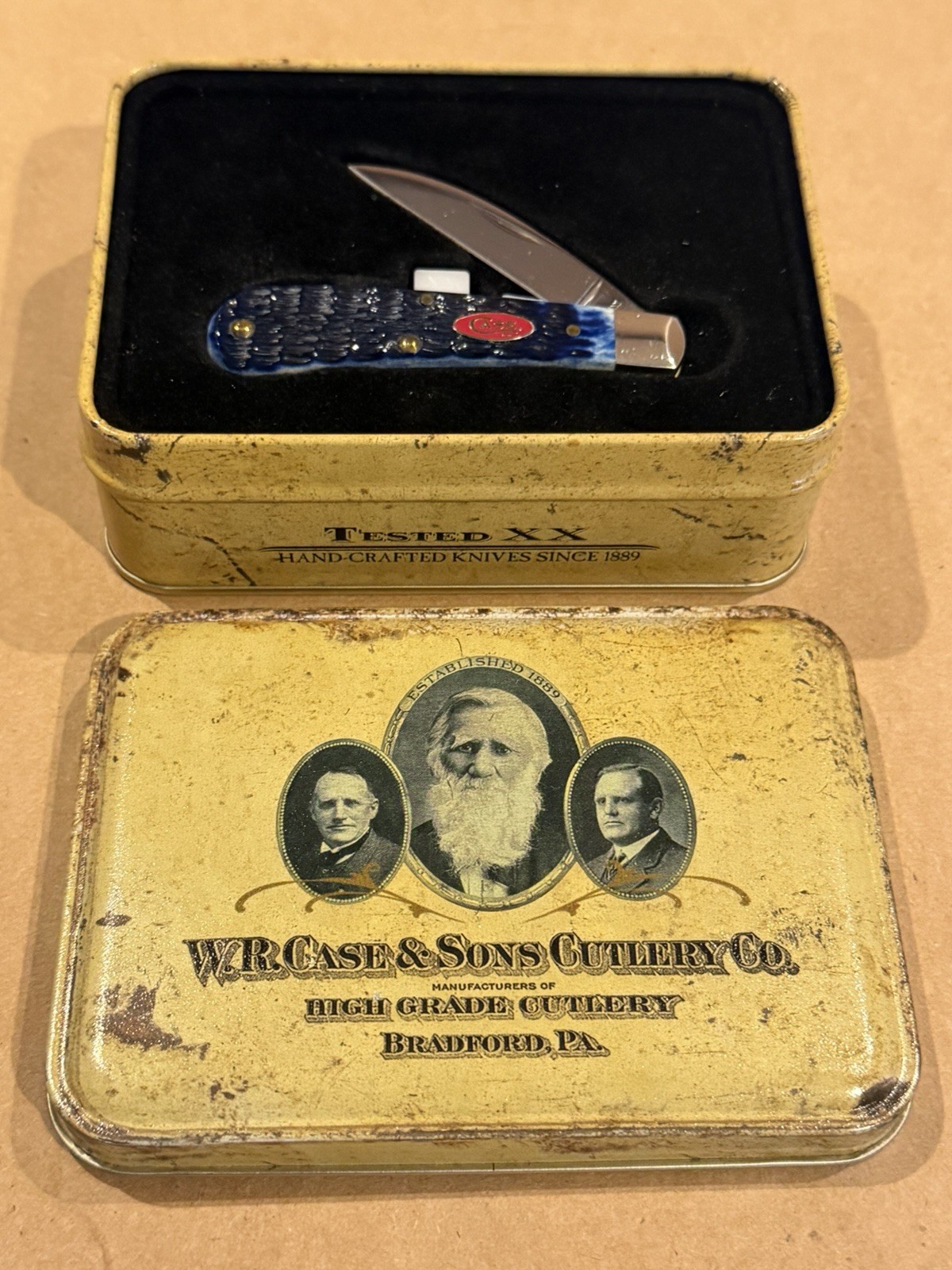 2008 Case XX Tony Bose Navy Blue Swayback Single One Blade Knife In Tin Case