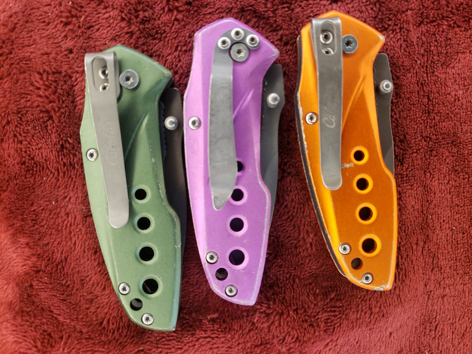 Lot 3 Cabela’s Plain Edge Liner Lock Aluminum Scale Folding Green Purple Orange