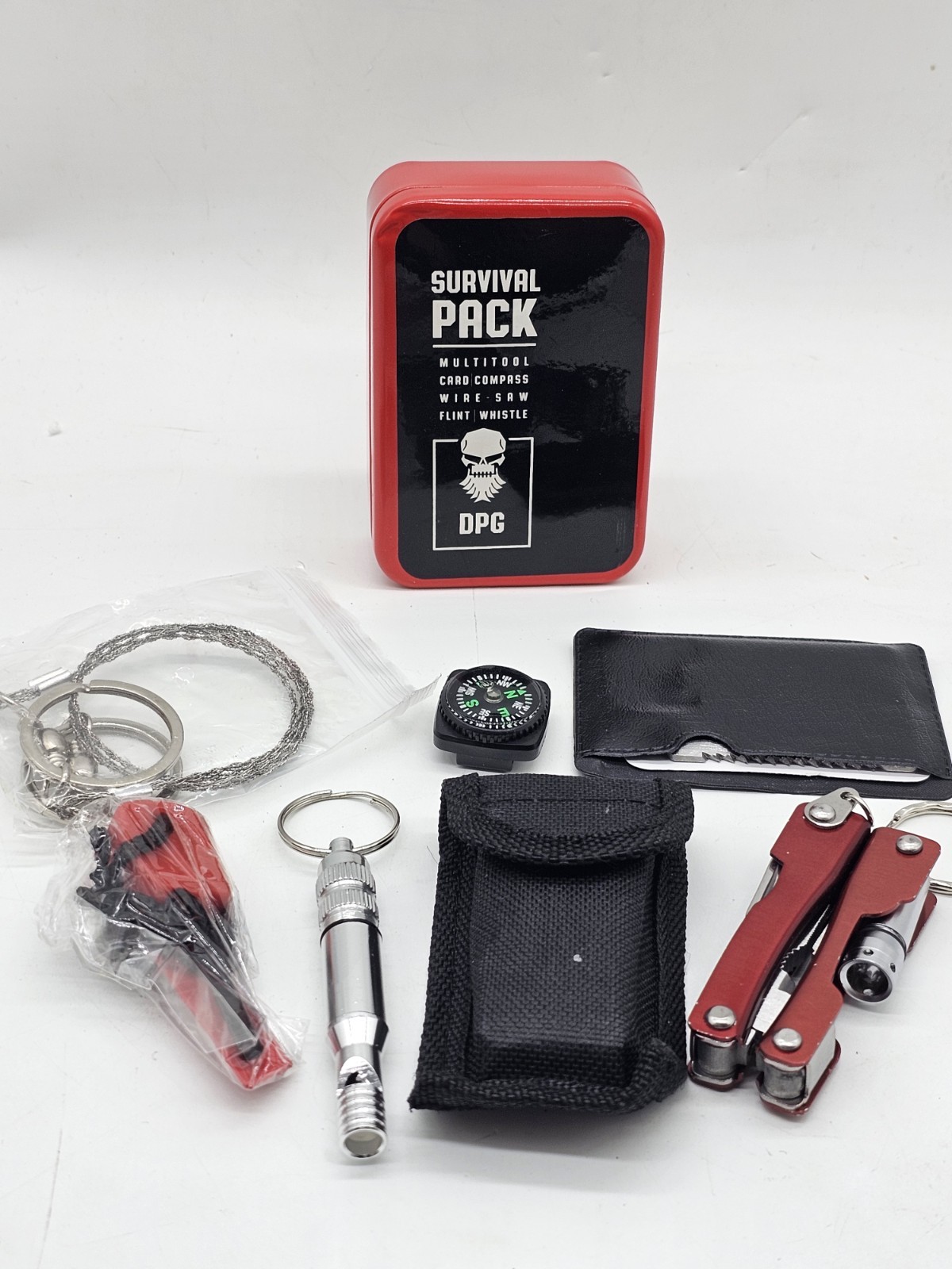 DPG Survival Pack MultiTool Card Compass Wire Saw Flint Whistle