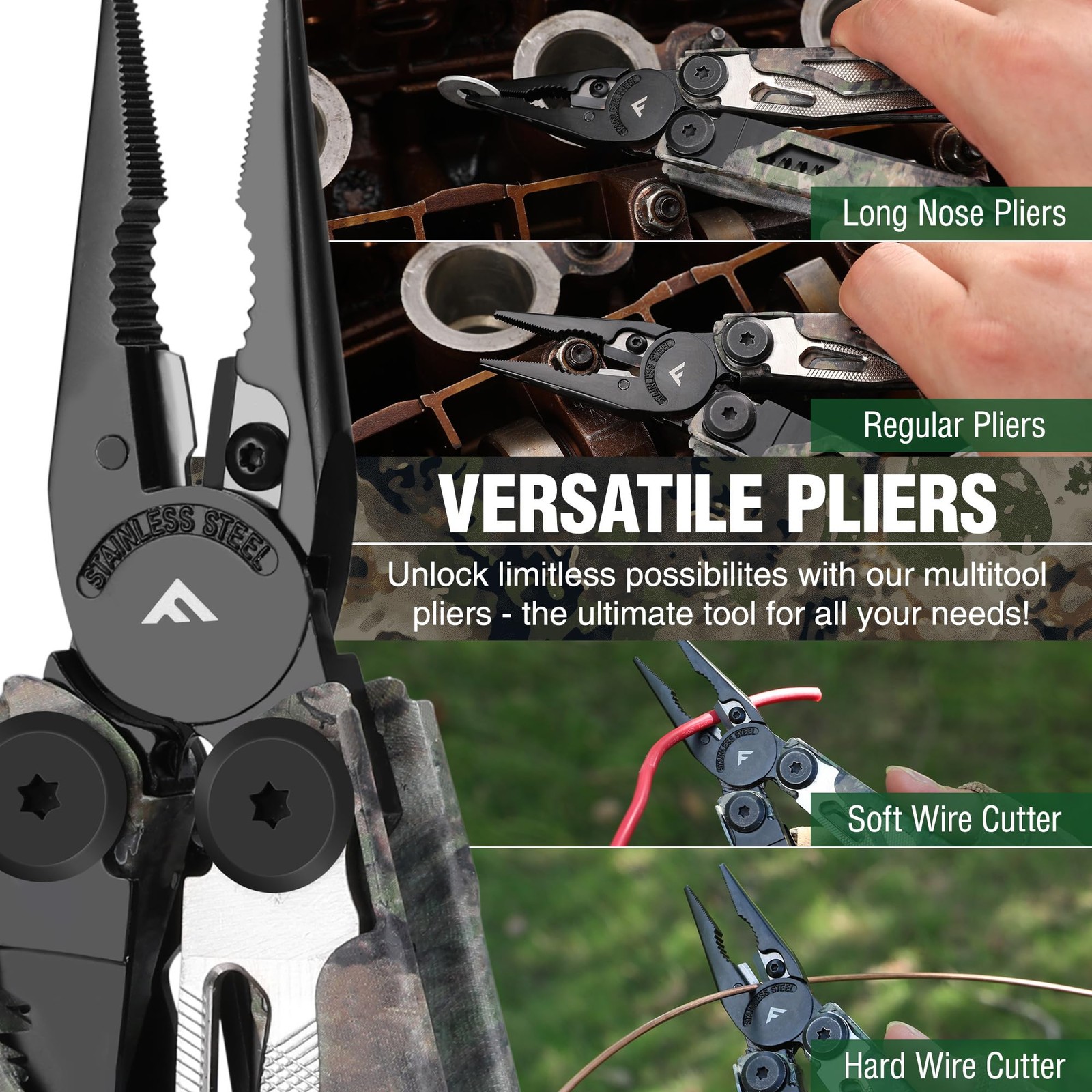 Multitool, 18 in 1 Camo Multitool Pliers with Fire Starter, Window Breaker, W…