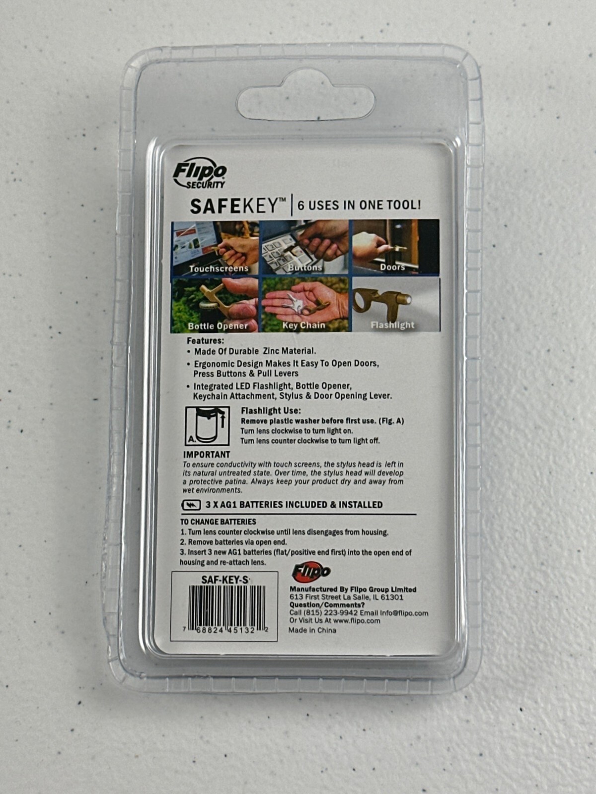 Flipo Security Safekey 6-In-1 Keychain Tool: Stylus Flashlight Bottle Opener