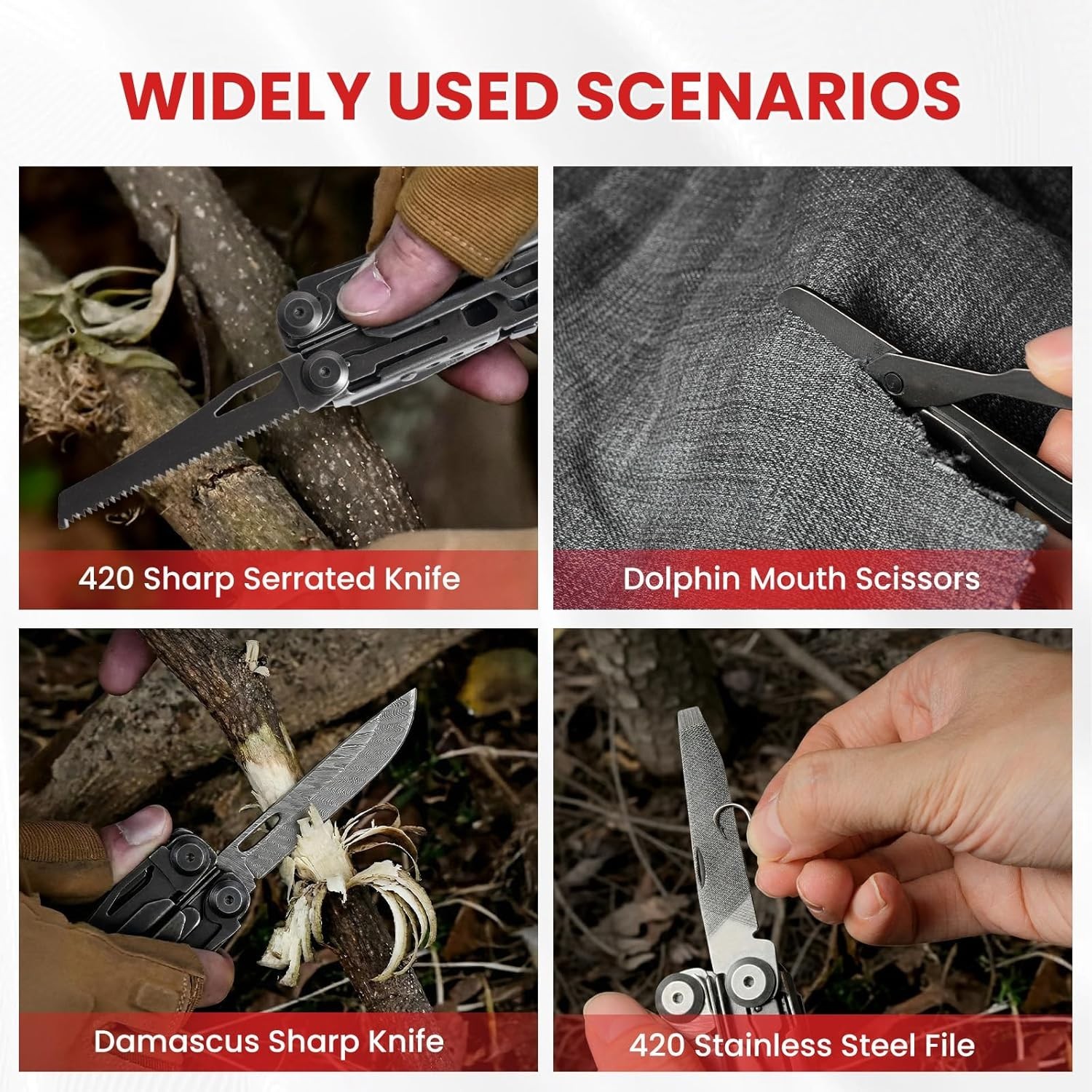 Compact 33-in-1 Multitool with Damascus Knife & Luminous Strip for Low-Light Use