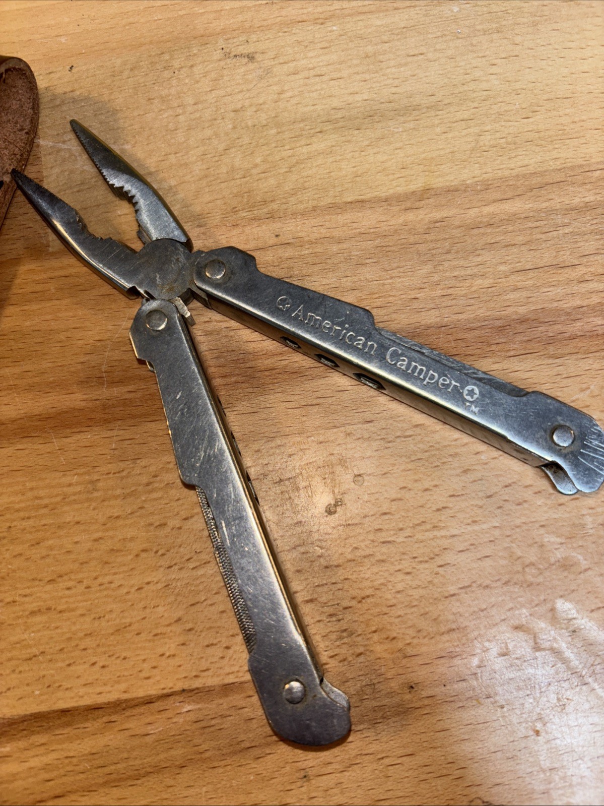 VTG American Camper Stainless Steel Multi Tool Foldable W Brown Belt Case Sheath