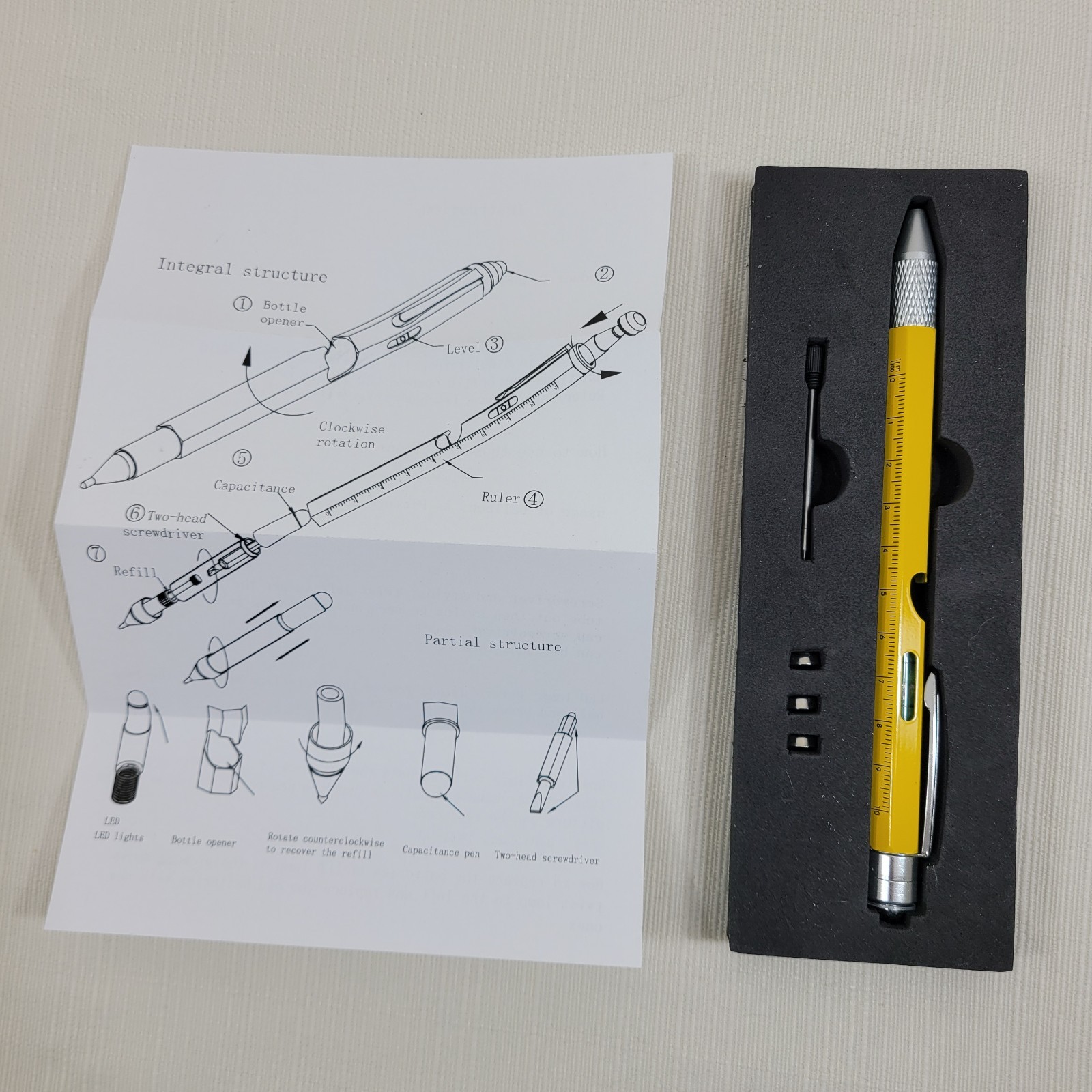 9 in 1 Multi-tool Pen Set LED Light Stylus Screwdriver Rulers Level Open Box