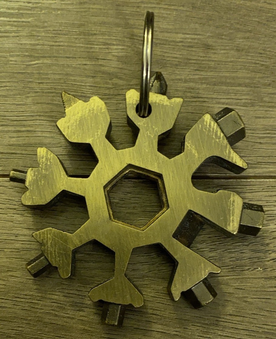 Brass Keychain Multi Tool Snowflake Metal Goldish Color 8 Different Tool Heads