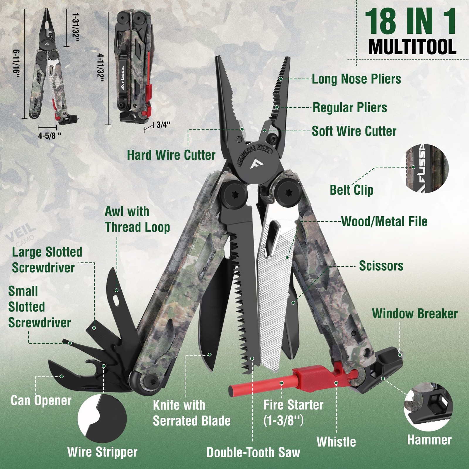 Multitool, 18 in 1 Camo Multitool Pliers with Fire Starter, Window Breaker, W…