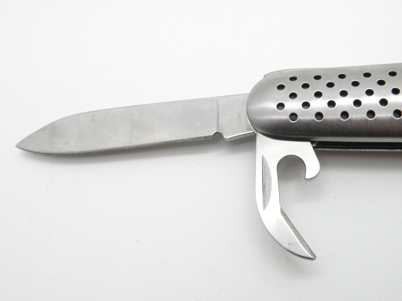 Vintage Silver Tone Multi-Tool Pocket Knife Stainless Steel Perforated Handle