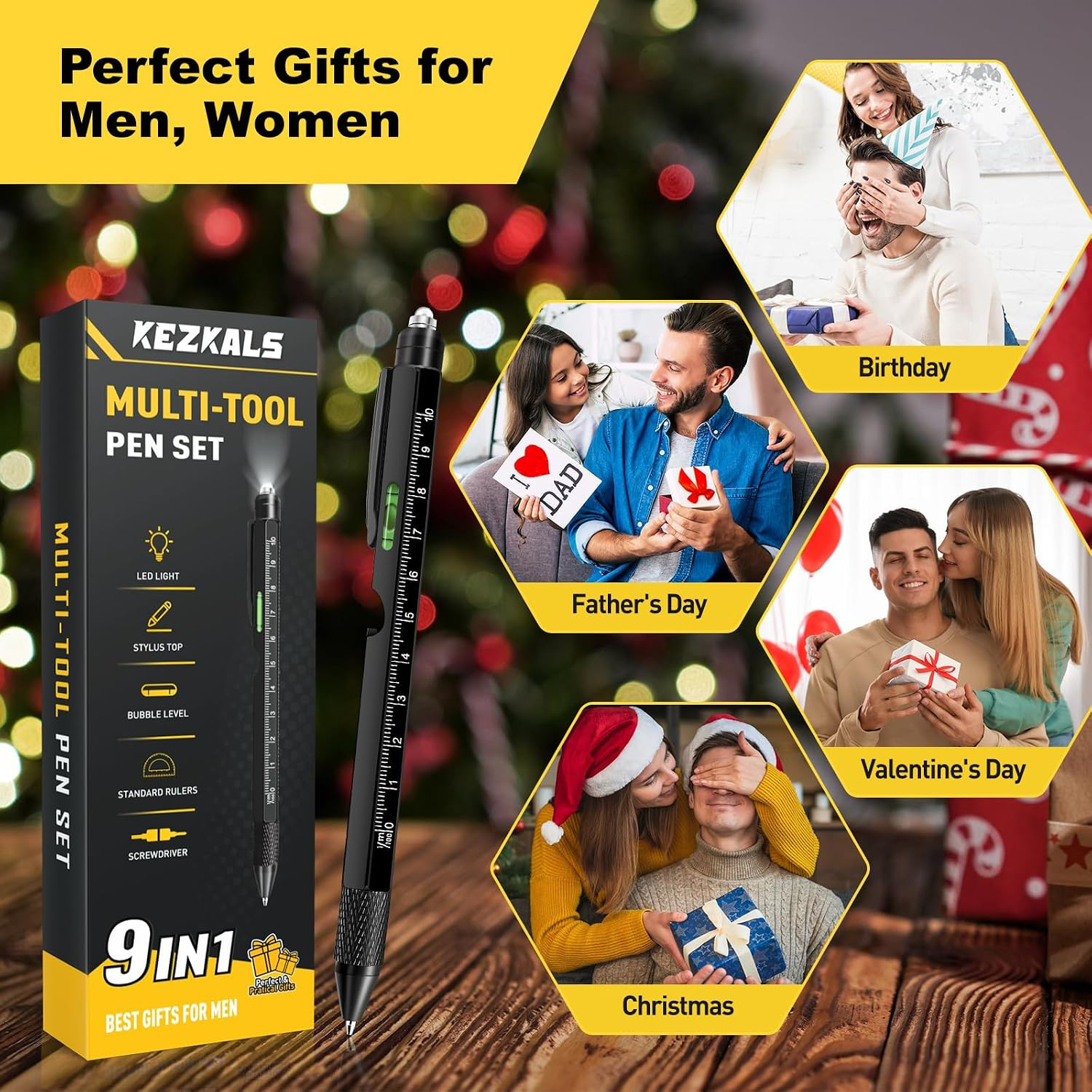 KEZKALS Birthday Gifts for Men, 9 in 1 Multitool Pen, Mens Gifts for Him Dad Hus