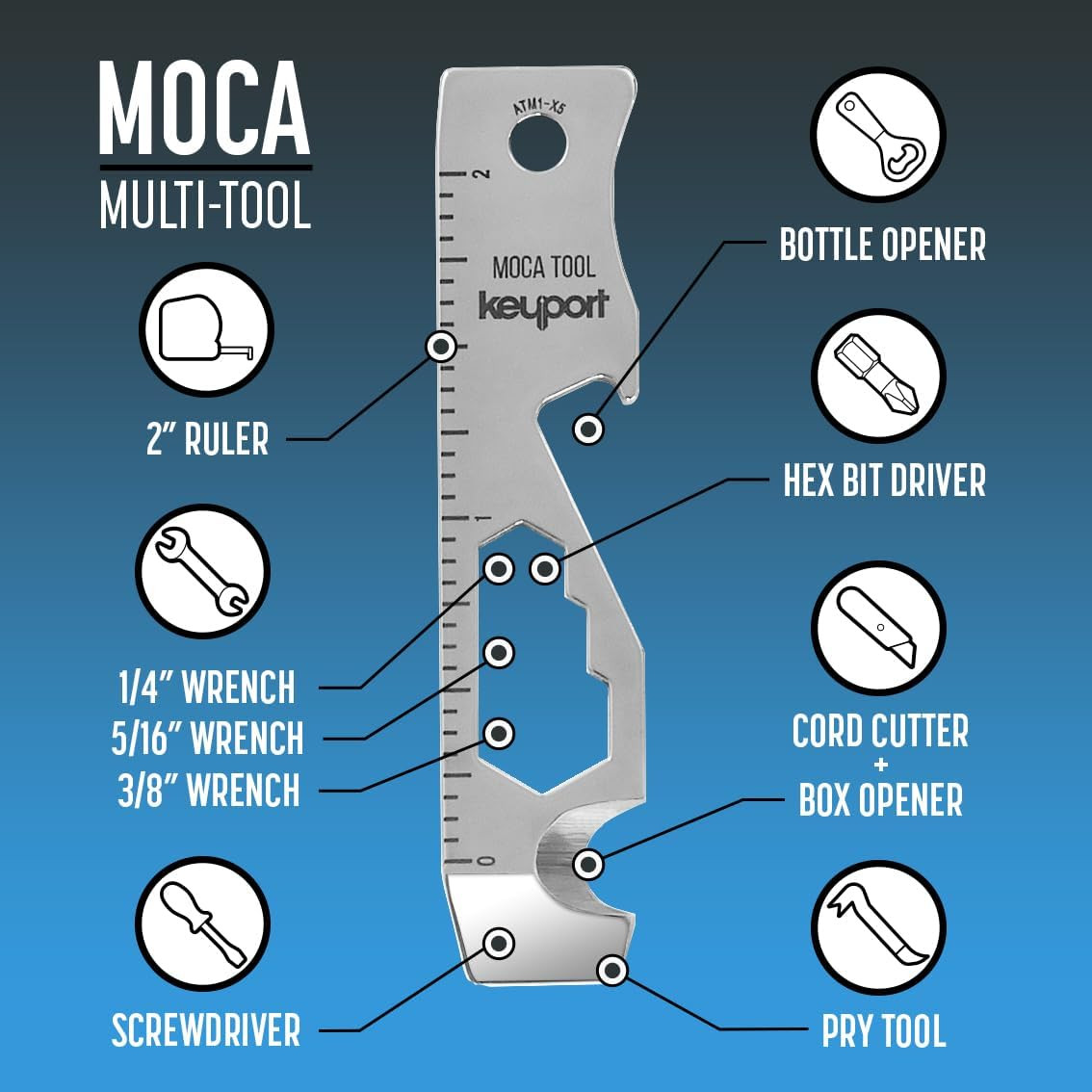 MOCA 10-In-1 Keychain Multitool (Stainless) | EDC Multi Tool: Pry Bar, Bottle Op