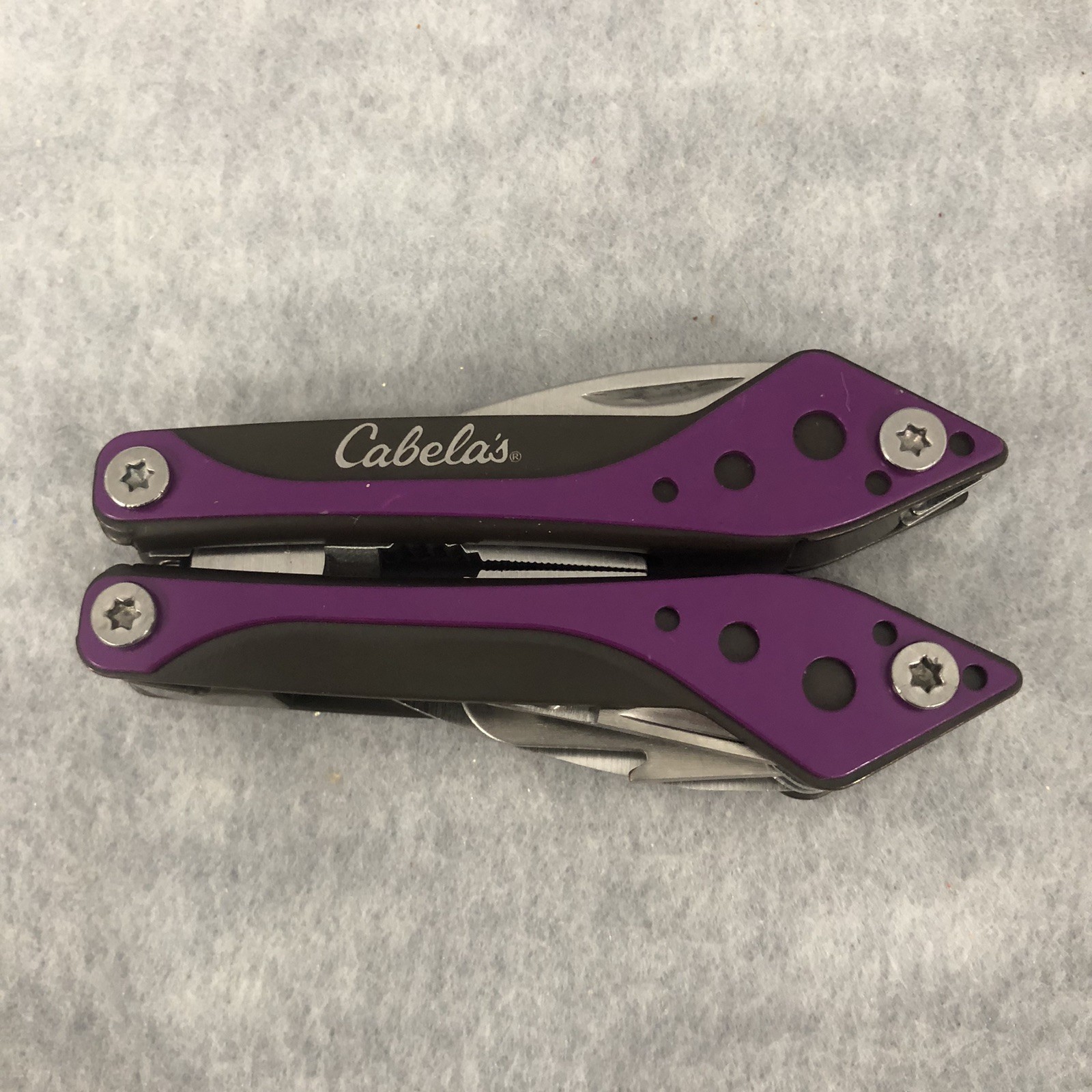 Cabela’s Multi-Tool Purple 3” Closed With Black Nylon Case With Belt Loop Clean