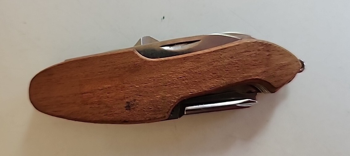 Vintage Multi-Tool Knife Wooden Handle Folding Blade Cork Screw Saw Scissors