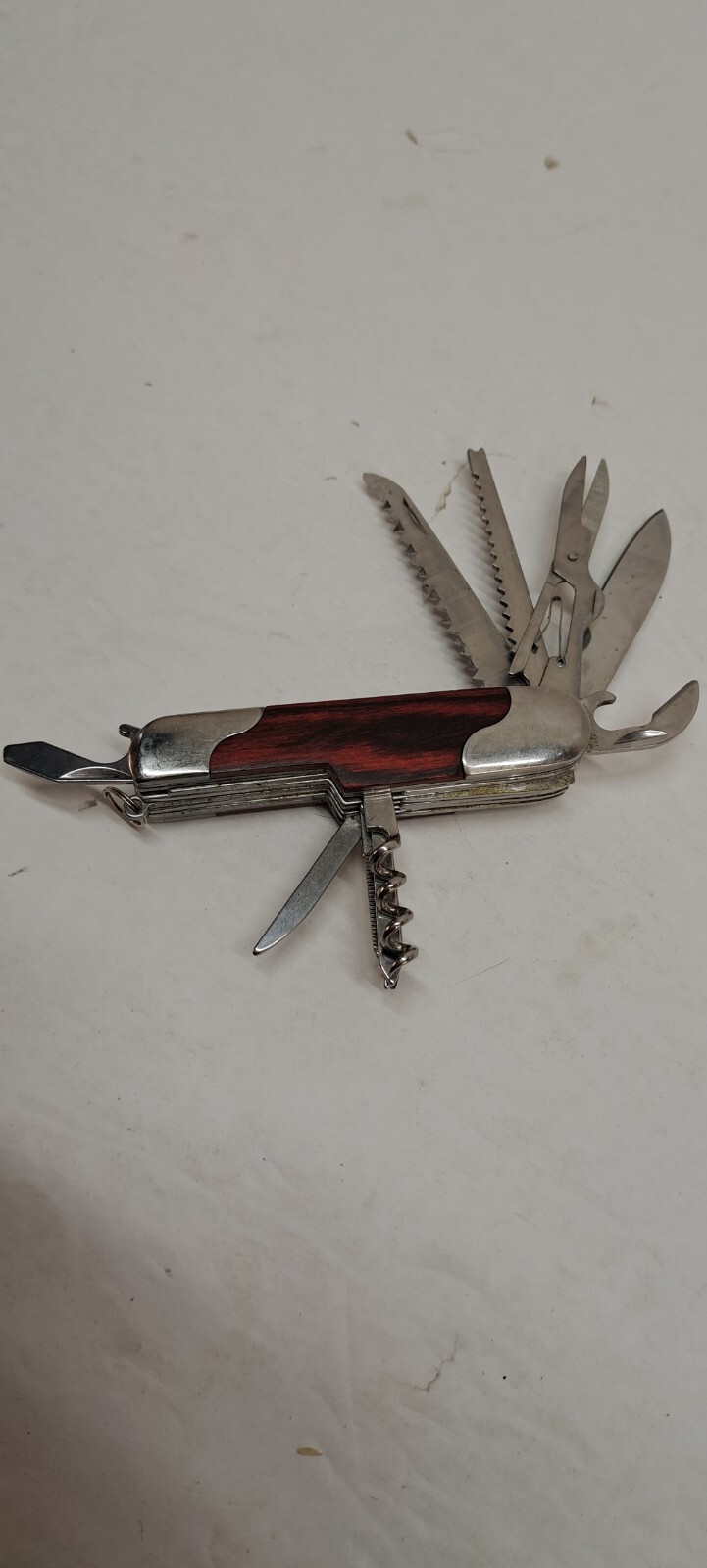 Vintage NRA 11 Multi Tool Knife Scissors Screwdriver Saw Wood Handle 3.5″ Long