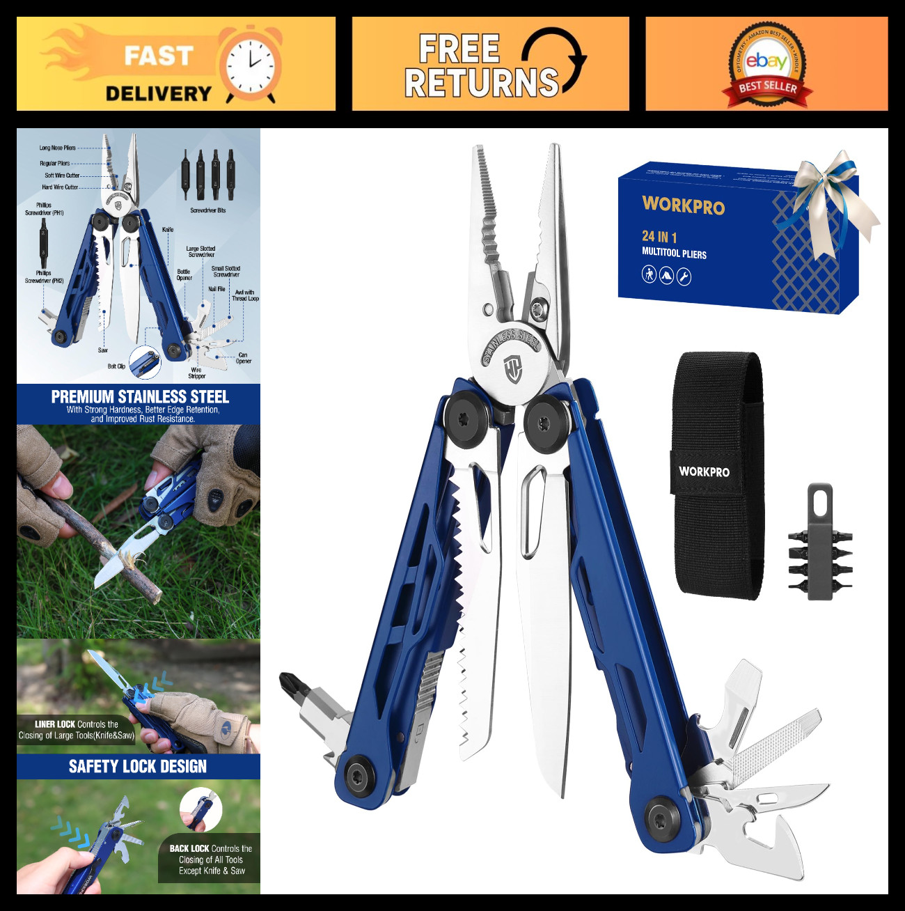 24-in-1 Stainless Steel Multitool Pliers, Pocket Knife & Screwdrivers, EDC Tool